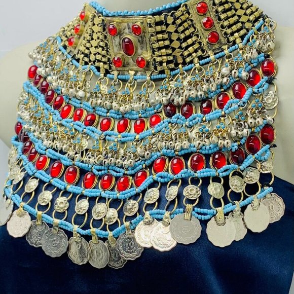 Afghan Choker Necklace, Tribal Kuchi Layered Necklace With Red Glass Stones - Picture 7 of 10